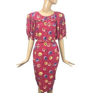 Ungaro Vintage oversized 1980's Glamoratti Red Silk Floral Dress Ruffled‎ collar